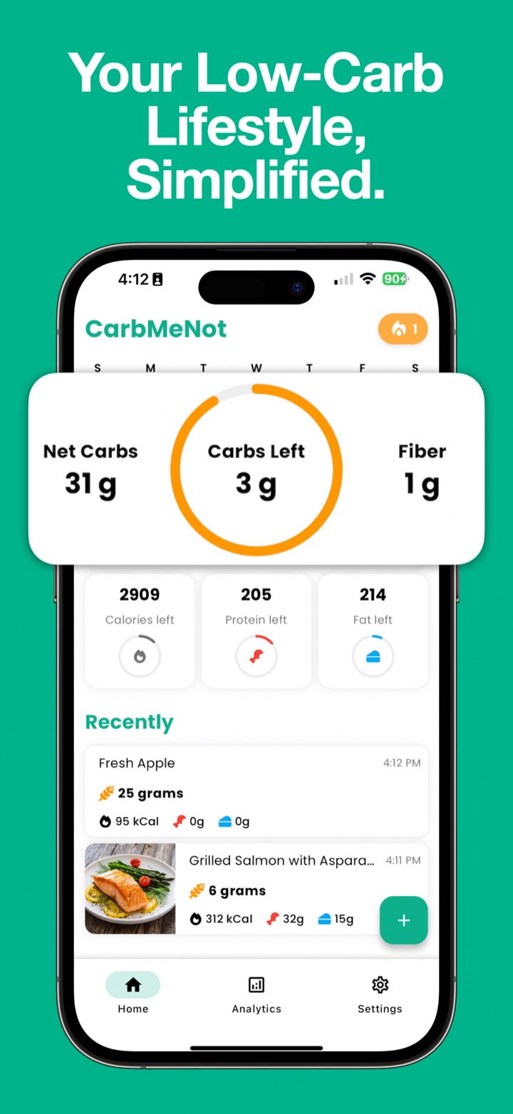 CarbMeNot dashboard showing net carbs, carbs left, and fiber